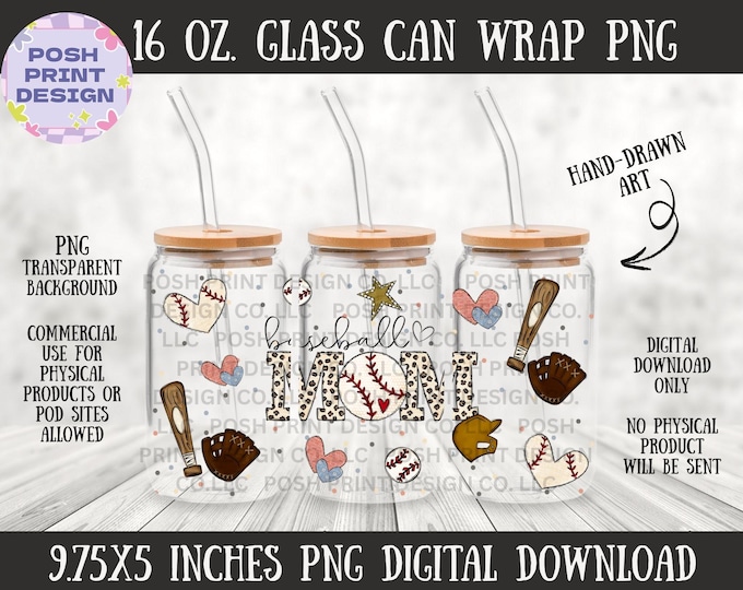 Baseball Mom Glass Can Wrap PNG | 16oz Libbey | Sports Mom Design | Instant Download