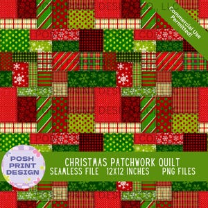 May include: A festive Christmas patchwork quilt design featuring a variety of patterns in red, green, and white. The design includes polka dots, stripes, plaid, and snowflake motifs. The seamless file is 12x12 inches.