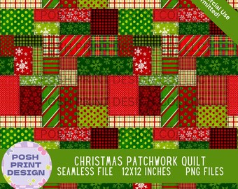 Christmas Quilt Seamless Pattern PNG | Cozy Christmas Patchwork Digital Paper | Commercial Use for POD & Handmade Products