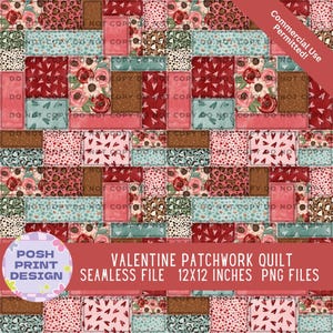 May include: A Valentine's Day-themed digital design featuring a patchwork quilt pattern. The design incorporates various textures and patterns, including floral, leopard print, and heart motifs. The text reads "VALENTINE PATCHWORK QUILT SEAMLESS FILE 12x12 INCHES PNG FILES".