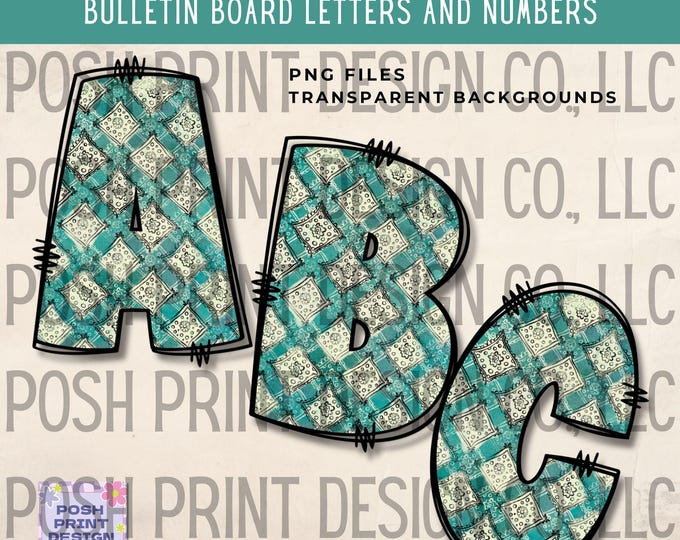 Pretty Western Blue Girlie Alphabet Clip Art, Bulletin Board Letters, PNG files, Digital Download