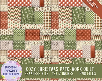 Cozy Christmas Patchwork Quilt Seamless Pattern PNG | Cozy Christmas Patchwork Digital Paper | Commercial Use for POD & Handmade Products
