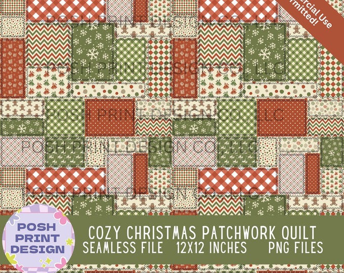 Cozy Christmas Patchwork Quilt Seamless Pattern PNG | Cozy Christmas Patchwork Digital Paper | Commercial Use for POD & Handmade Products