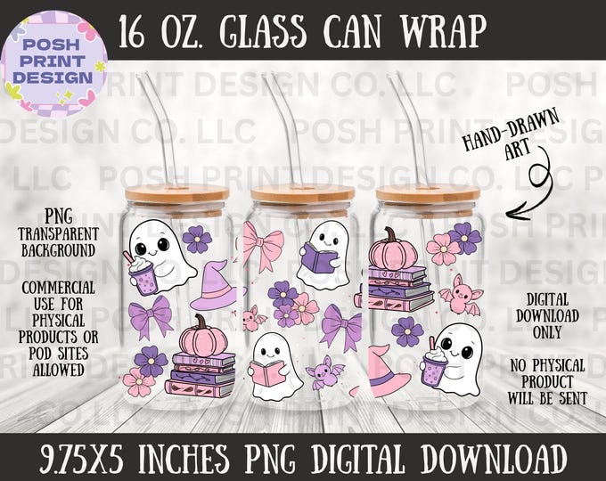 Pink Halloween Ghost 16 oz Glass Can Wrap PNG | Iced Coffee, Books (Digital Download)