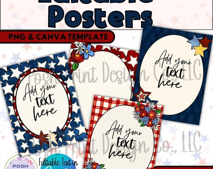 Editable Red, White, and Blue Posters | Canva Templates | PNG Files | USA Classroom Decor | Fourth of July Party Decor