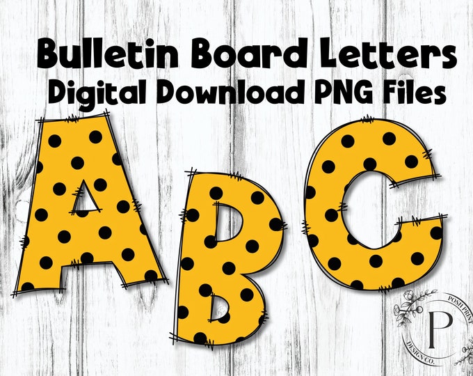 Bulletin Board Letters, Yellow with Black Polka Dots, Alphabet Clip Art, PNG files, Digital Download, Instant Download