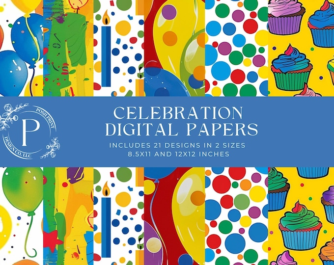 Celebration and Birthday Scrapbook Papers, Digital Papers, Junk Journal Papers, 12x12 inches, JPG files, Digital Download