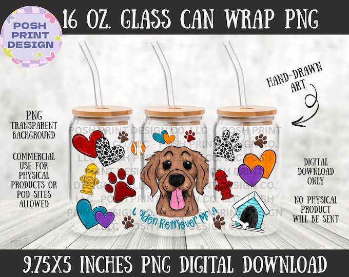 Golden Retriever Dog Mom 16oz Glass Can Wrap PNG | Dog Lover Design (Digital Download)
