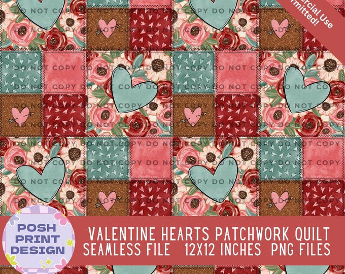 Valentine Hearts Patchwork Quilt Seamless Pattern PNG | Digital Paper | Commercial Use for POD & Handmade Products