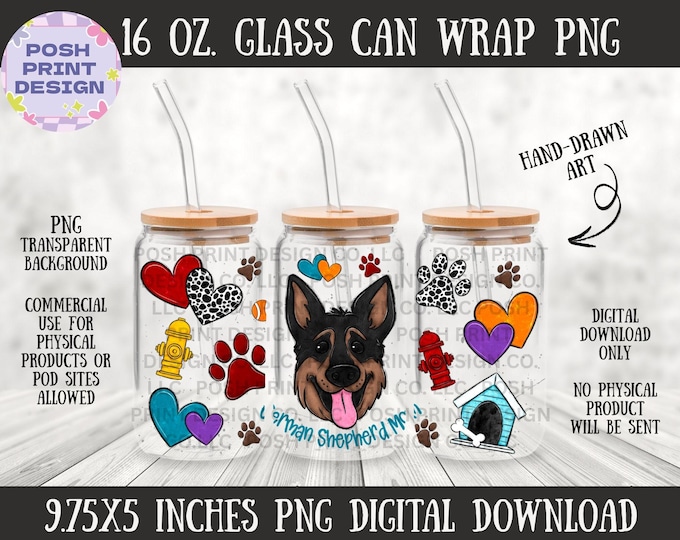 German Shepherd Dog Mom 16oz Glass Can Wrap PNG | Dog Lover Design (Digital Download)