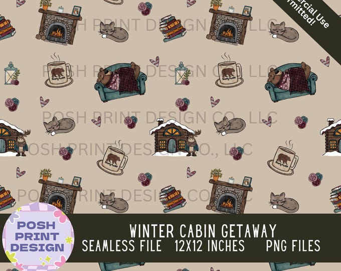 Winter Cabin Getaway Seamless Pattern PNG | Digital Paper | Winter Pattern | Commercial Use for POD & Handmade Products