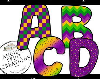 May include: Four colorful alphabet letters, A, B, C, and D, in a Mardi Gras theme. The letters are decorated with different patterns, including checkered, chevron, confetti, and polka dots. The letters are purple, yellow, and green.