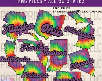 50 Tie Dye States PNG, Clip Art, Sublimation, T-Shirt Design, Heat Transfer, DTF, DTG, Screen Print, Digital Download