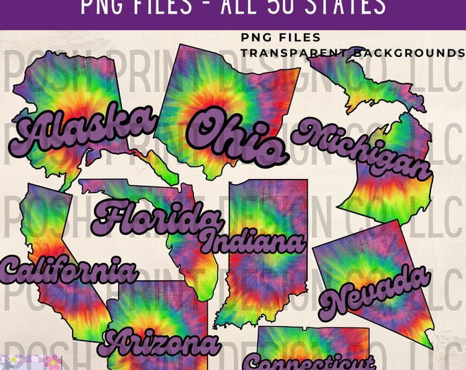 50 Tie Dye States PNG, Clip Art, Sublimation, T-Shirt Design, Heat Transfer, DTF, DTG, Screen Print, Digital Download