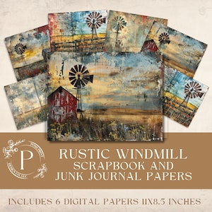 May include: Six digital scrapbook and junk journal papers featuring a rustic windmill scene with a red barn, a field of wildflowers, and a blue sky. The papers are 11 inches by 8.5 inches.