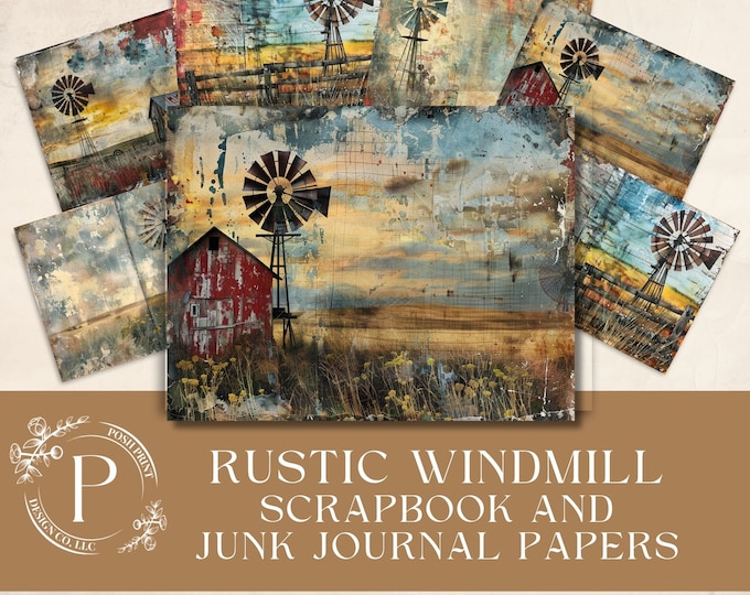 Rustic Windmill Scrapbook Papers, Junk Journal Papers, Windmill, 11x8.5 Landscape, Digital Download, JPG