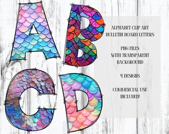 Mermaid Alphabet Clip Art, Bulletin Board Letters, PNG files, Digital Download