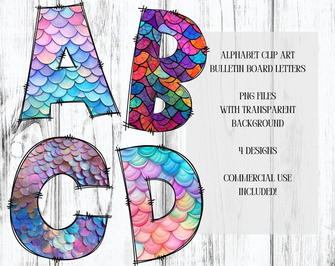Mermaid Alphabet Clip Art, Bulletin Board Letters, PNG files, Digital Download