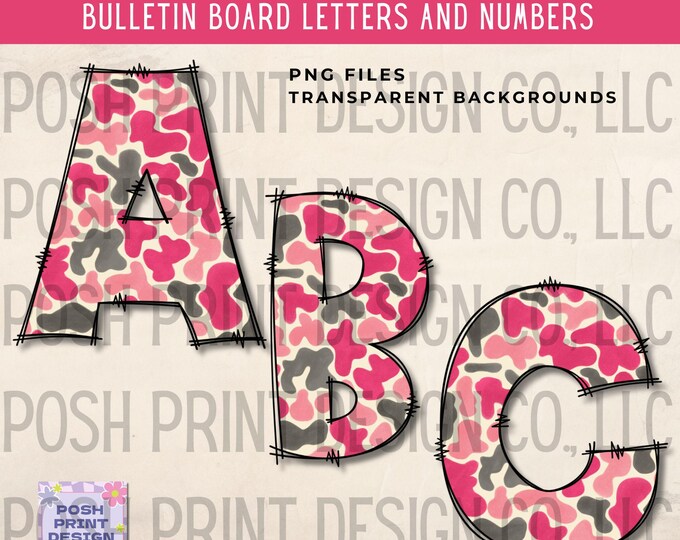 Doodle Pink Camo Alphabet Clip Art, Bulletin Board Letters, PNG files, Digital Download