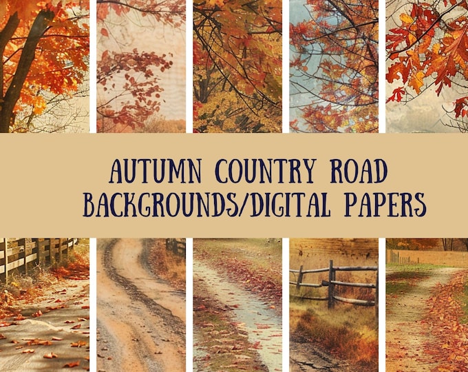 Autumn Country Roads Digital Paper Backgrounds,  Scrapbook Papers, Digital Papers, Junk Journal Papers, JPG files, Digital Download