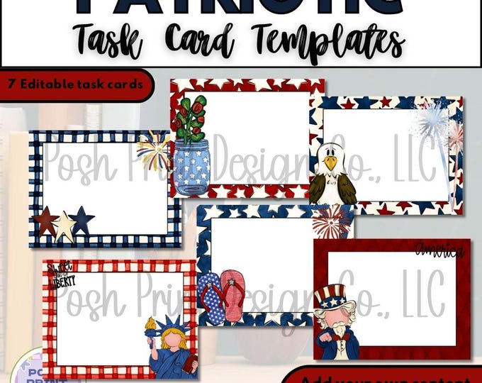 Editable Patriotic Task Card Templates, PNG, Labels, Name Tags, Fourth of July