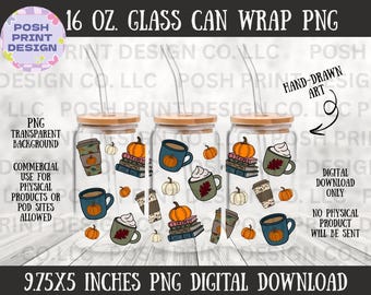 Fall Coffee and Books Glass Can Wrap PNG | 16 oz Libbey Cup (Digital Download)