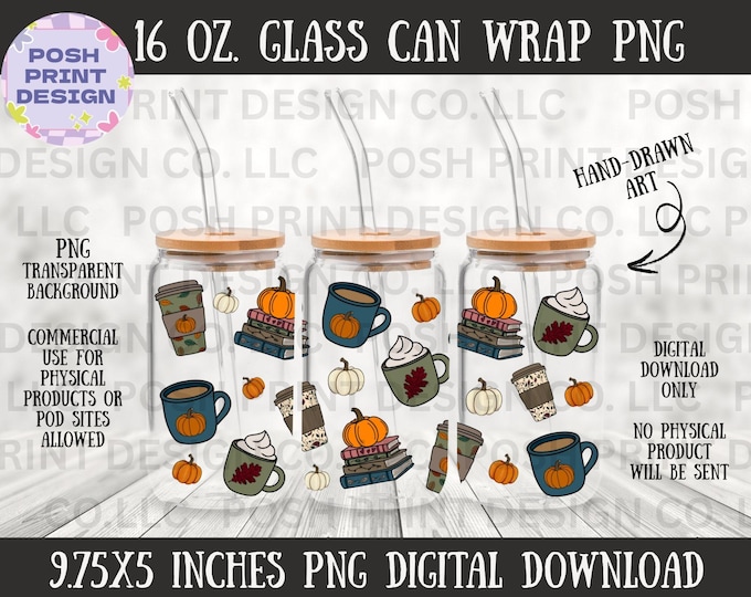 Fall Coffee and Books Glass Can Wrap PNG | 16 oz Libbey Cup (Digital Download)