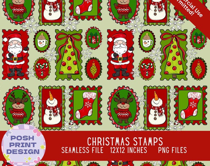 Christmas Stamps Seamless Digital Pattern | Christmas Seamless Pattern | PNG Files