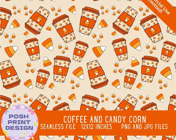 Coffee and Candy Corn Seamless Digital Pattern | Halloween Seamless Pattern | JPG + Transparent PNG
