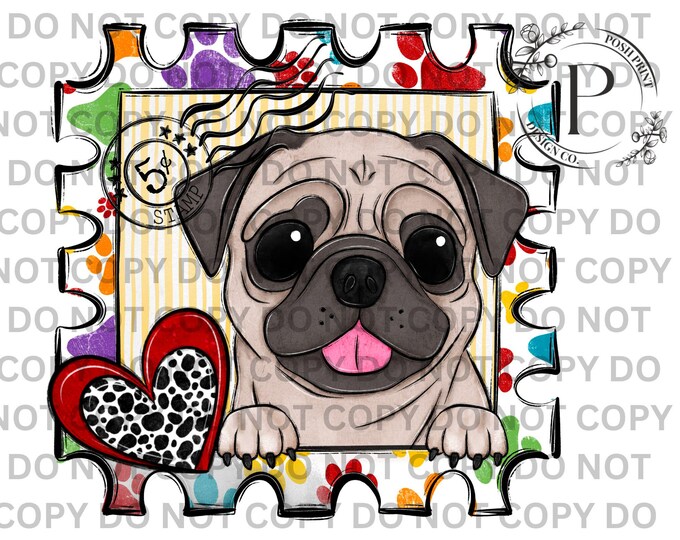 Pug Postage Stamp PNG | Dog T shirt Design | DTF | Sublimation | Commercial Use