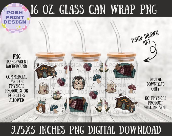 Winter Cabin Getaway Glass Can Wrap PNG | 16 oz Libbey | Rustic Winter | Digital Download