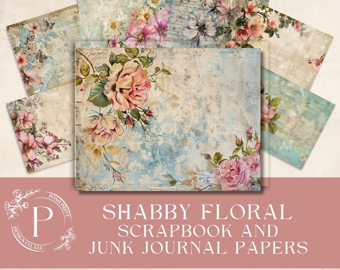 Shabby Floral Scrapbook and Junk Journal Papers, 11x8.5 inches, JPG files