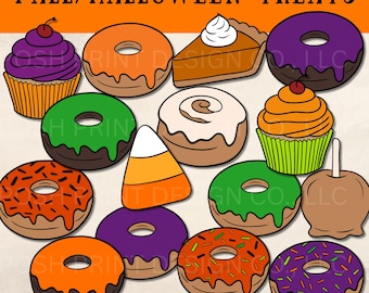 Fall & Halloween Treats Clipart | Donuts, Cinnamon Roll, Pumpkin Pie, Caramel Apple, Candy Corn | PNG Set