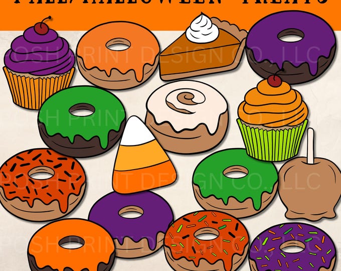 Fall & Halloween Treats Clipart | Donuts, Cinnamon Roll, Pumpkin Pie, Caramel Apple, Candy Corn | PNG Set