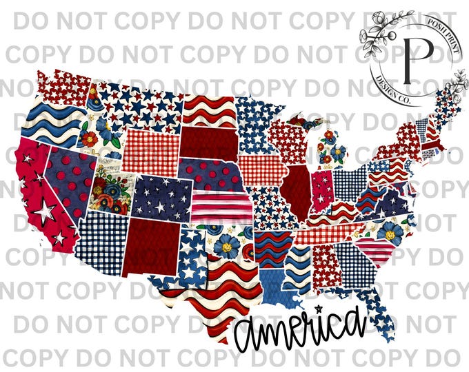 USA Map Patchwork PNG | Patriotic America Sublimation Design (Digital Download)