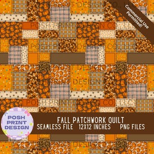 May include: A seamless digital file with a fall patchwork quilt design. The design includes pumpkin, plaid, and polka dot patterns in orange, brown, and cream. The file size is 30.48 x 30.48 cm.
