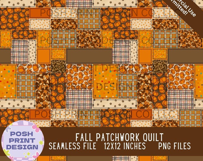 Fall Quilt Seamless Pattern PNG | Cozy Autumn Patchwork Digital Paper | Commercial Use for POD & Handmade Products