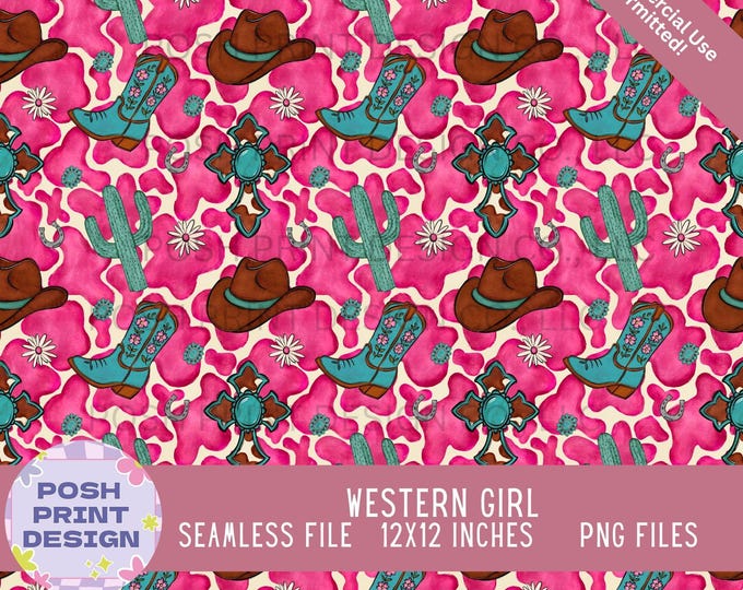 Western Girl Seamless Pattern PNG | Pink Western Digital Paper | Commercial Use for POD & Handmade Products