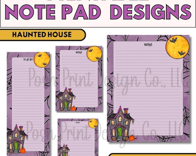 Haunted House Printable Notepad Designs, Halloween Notepads, PDF and PNG files, Commercial Use, Instant Download