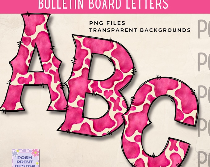 Pink Western Cowgirl Cowprint Alphabet Clip Art, Bulletin Board Letters, PNG files, Digital Download