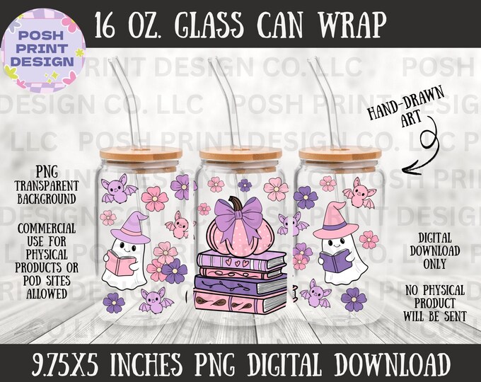 Pink Halloween Glass Can Wrap PNG | Bookish Ghost, Bats (Digital Download)