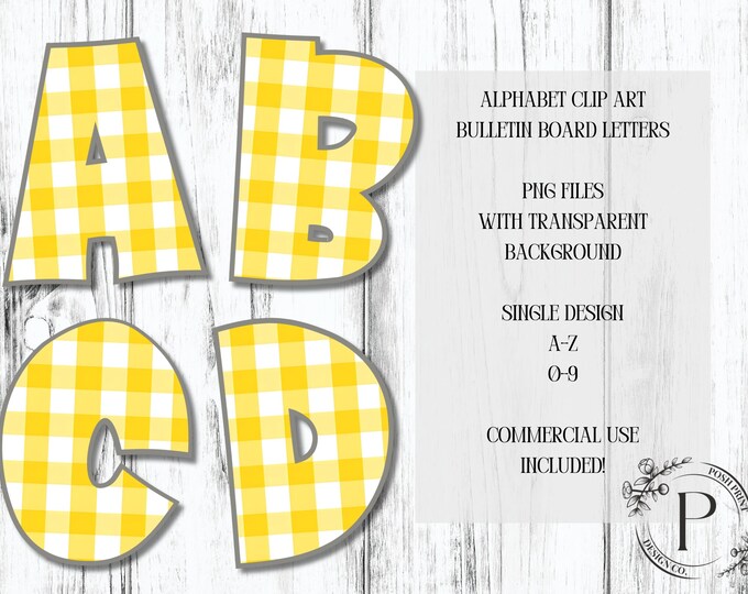 Yellow Gingham Bulletin Board Letters, Alphabet Clip Art, Letters and Numbers, PNG files, Digital Download