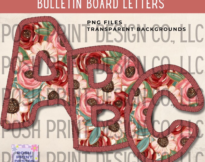 Floral Embroidery Stitched Alphabet Clip Art, Bulletin Board Letters, PNG files, Digital Download, Commercial Use