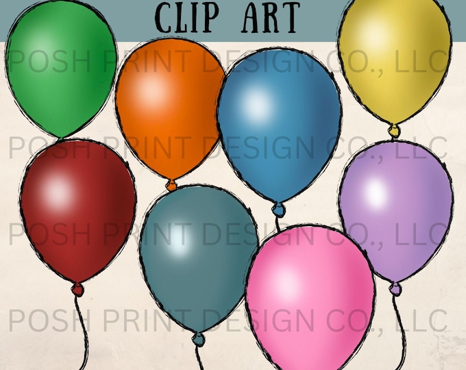 Hand-Drawn Balloon Clipart Set – Digital Stickers - 8 PNG Images (Transparent Background)