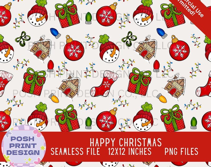 Cute Happy Christmas Seamless Pattern PNG | Colorful Christmas Digital Paper | Commercial Use for POD & Handmade Products