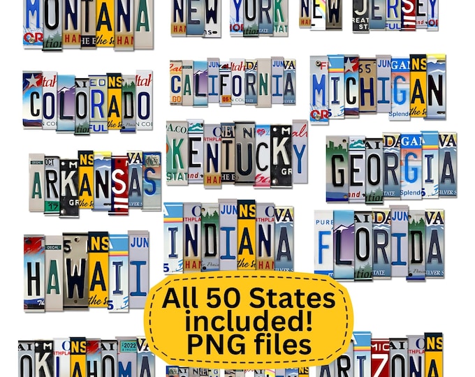 50 License Plate State Names PNG, Sublimation Transfer, T-Shirt Design, Heat Transfer, Image for DTF, Screen Print, Digital Download