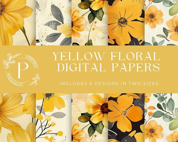 Yellow Floral Scrapbook Papers, Digital Papers, Junk Journal Papers, 8.5x11 and 12x12, JPG files, Digital Download