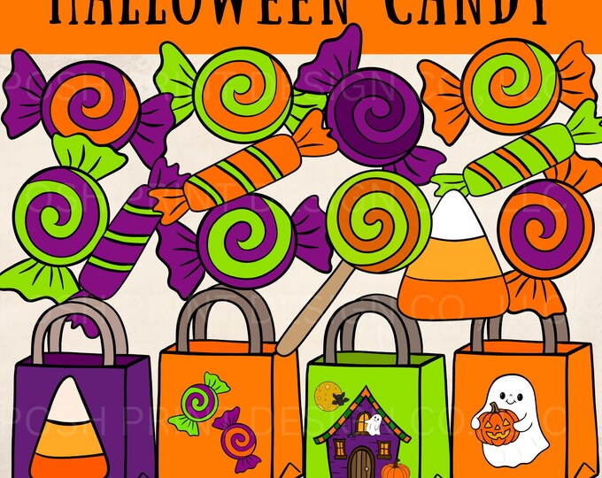 Halloween Candy PNG Set | Cute Orange, Green, Purple Candy Clip Art | Commercial Use Digital Graphics
