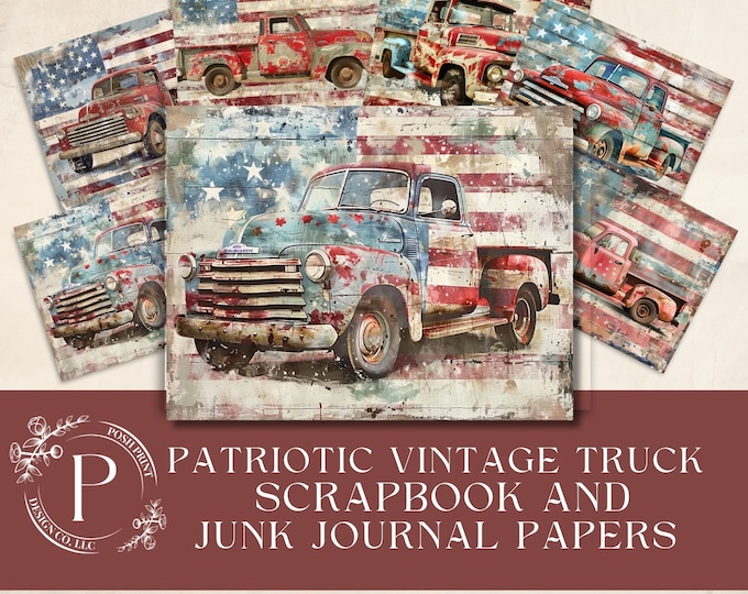 Patriotic Vintage Truck Scrapbook and Junk Journal Papers, JPG files, Digital Download
