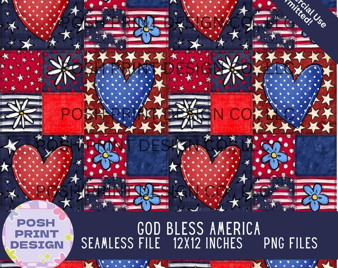 Red White and Blue Seamless Pattern PNG | American Digital Paper | God Bless America | Commercial Use for POD & Handmade Products